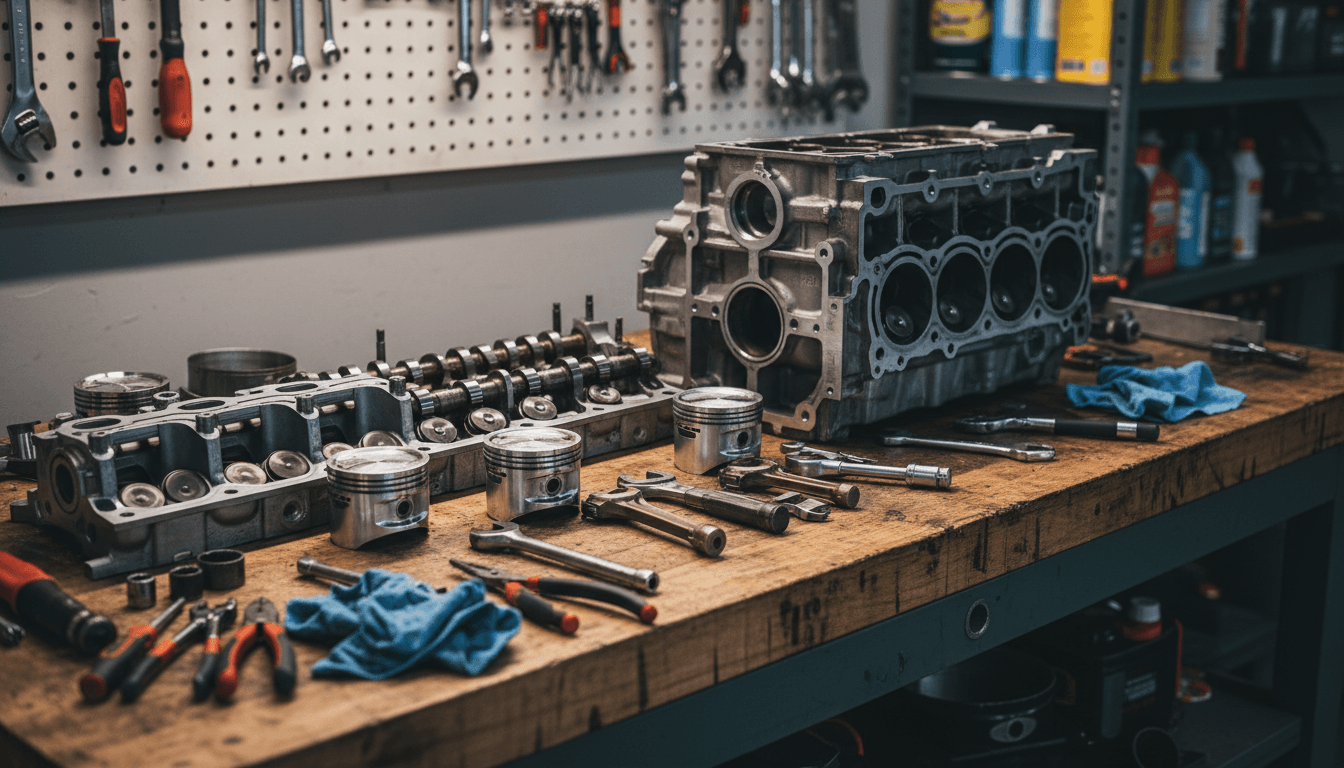 automotive engine components arranged on workbench