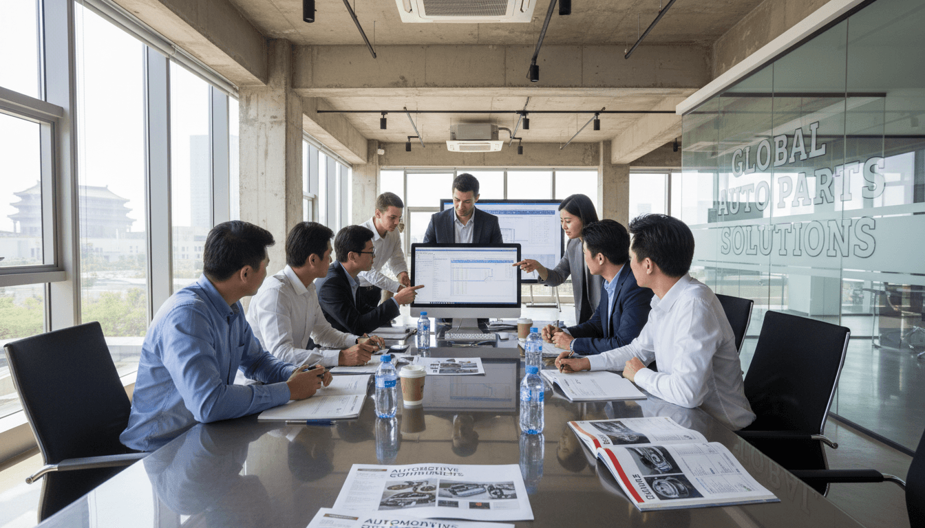 Diverse business team in Beijing office working collaboratively on automotive parts quotes